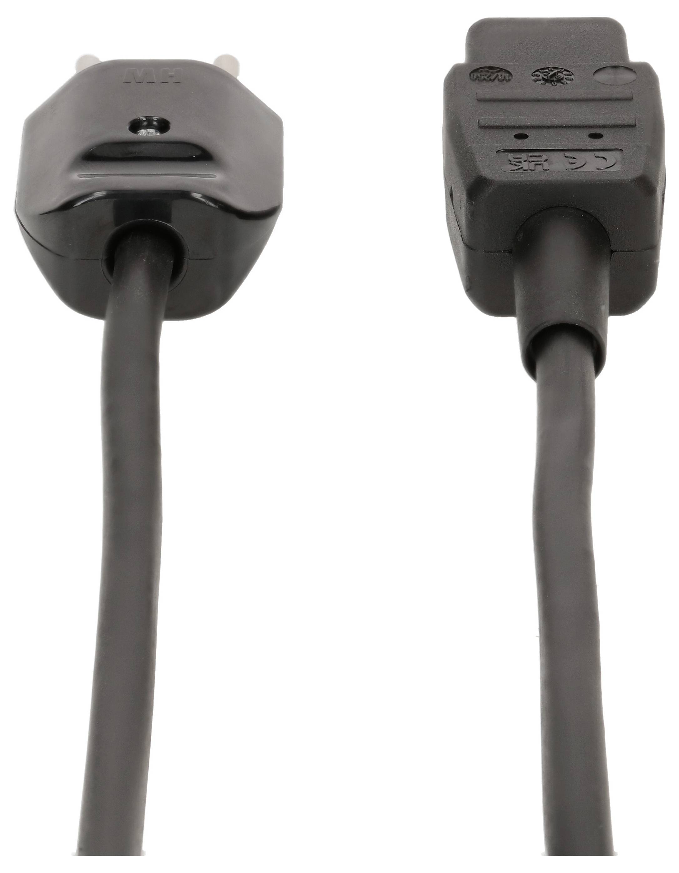 Das Bild zeigt zwei schwarze Steckertypen: ein Standardstecker mit zwei Stiften links und ein quadratischer Stecker mit drei Buchsen rechts.
