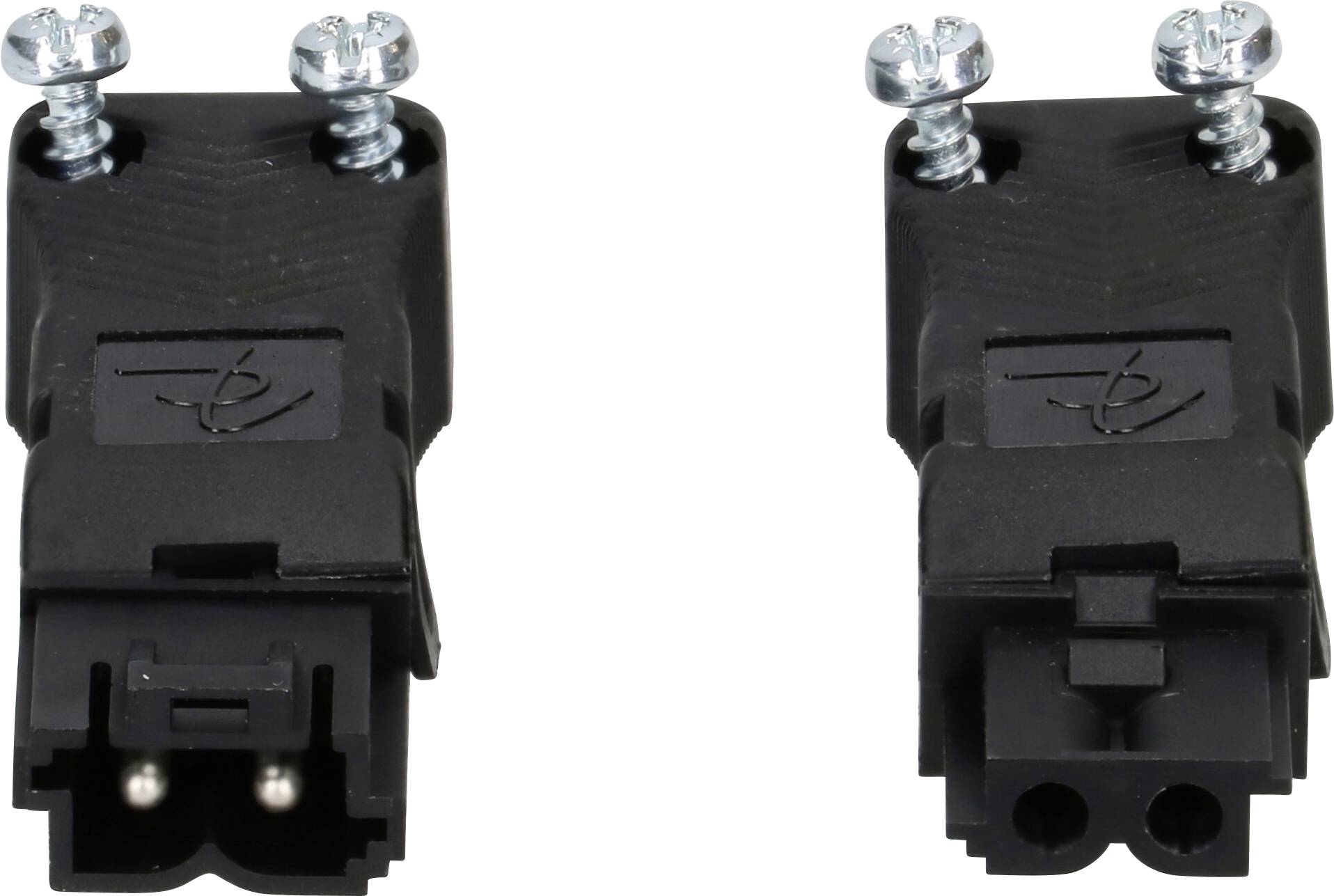 Zwei schwarze elektrische Stecker mit Schrauben zur Befestigung, nebeneinander dargestellt.