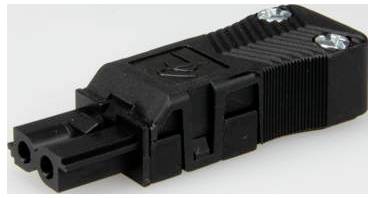 Schwarzer, rechteckiger elektrischer Steckverbinder mit zwei Metallkontakten und strukturierten Seiten, auf hellem Hintergrund.