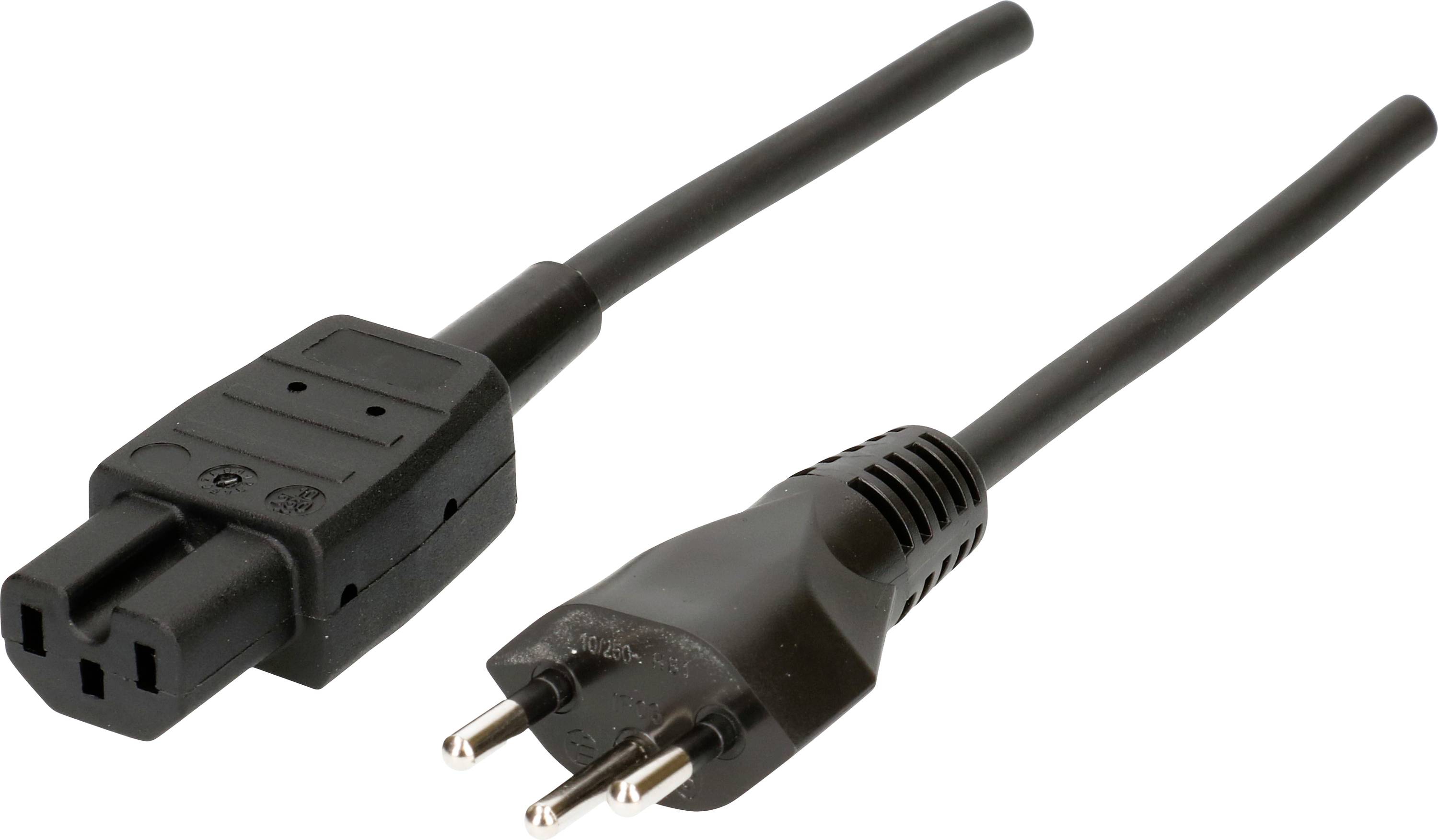 Ein schwarzes Netzkabel mit einem C13-Stecker links und einem Euro-Stecker rechts, typischerweise verwendet für elektronische Geräte.