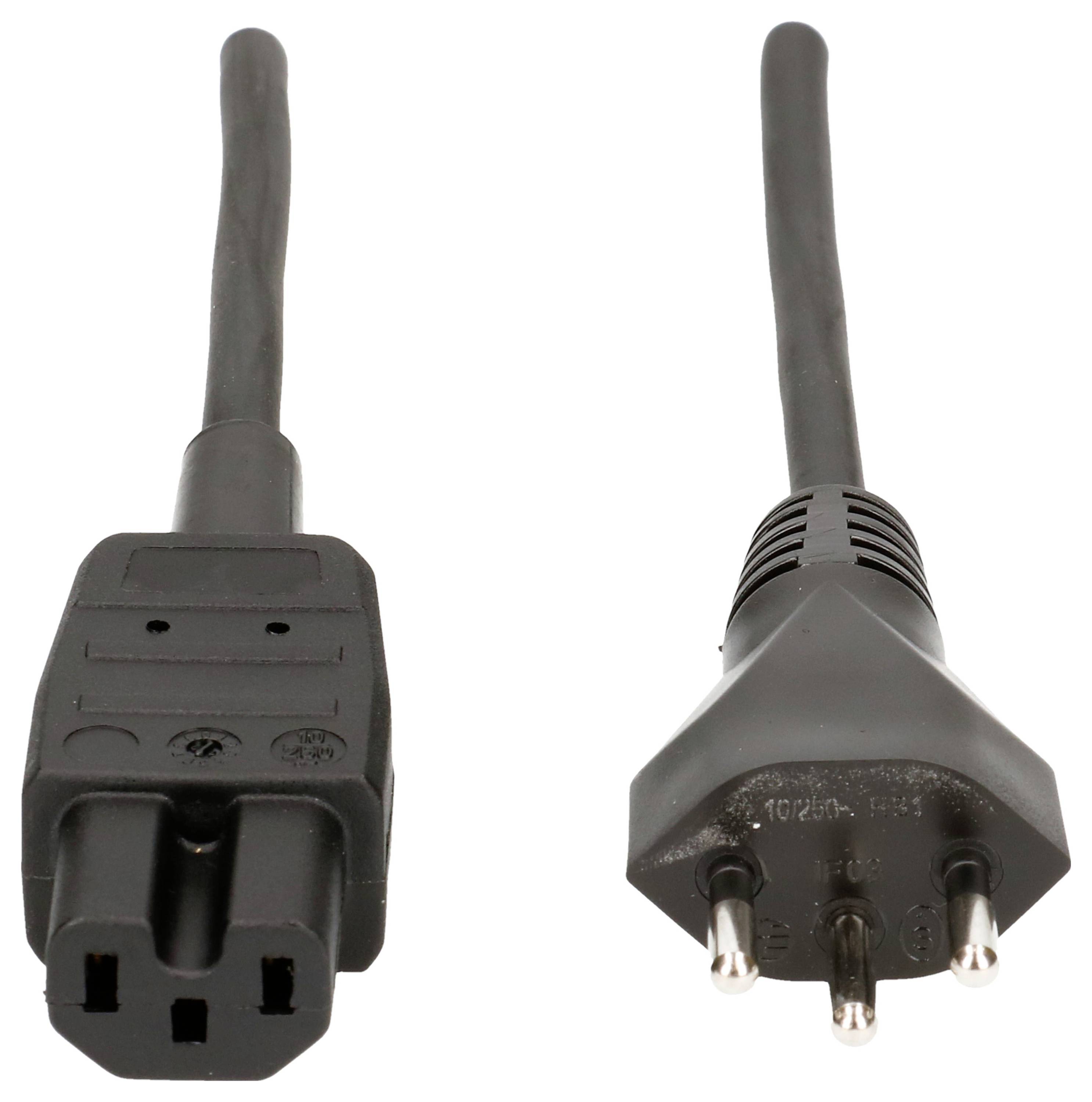 'Drei-poliger Netzkabelstecker, links weiblicher Kaltgerätestecker, rechts männlicher Schuko-Stecker, schwarze Farbe.'
