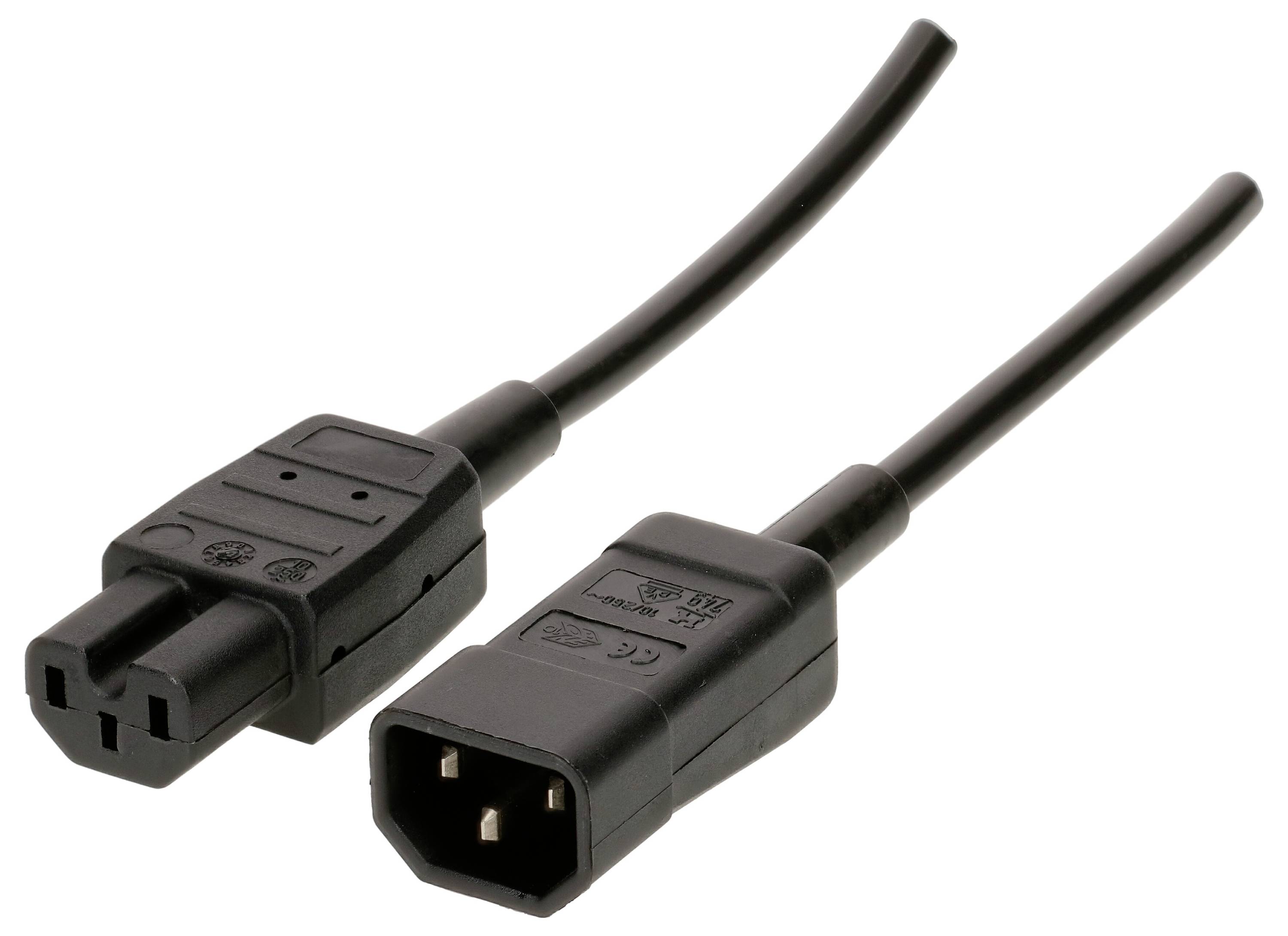 Zwei schwarze Stromkabel mit unterschiedlichen Steckertypen: links ein C13-Stecker, rechts ein C14-Stecker. Suitable for data centers and devices.