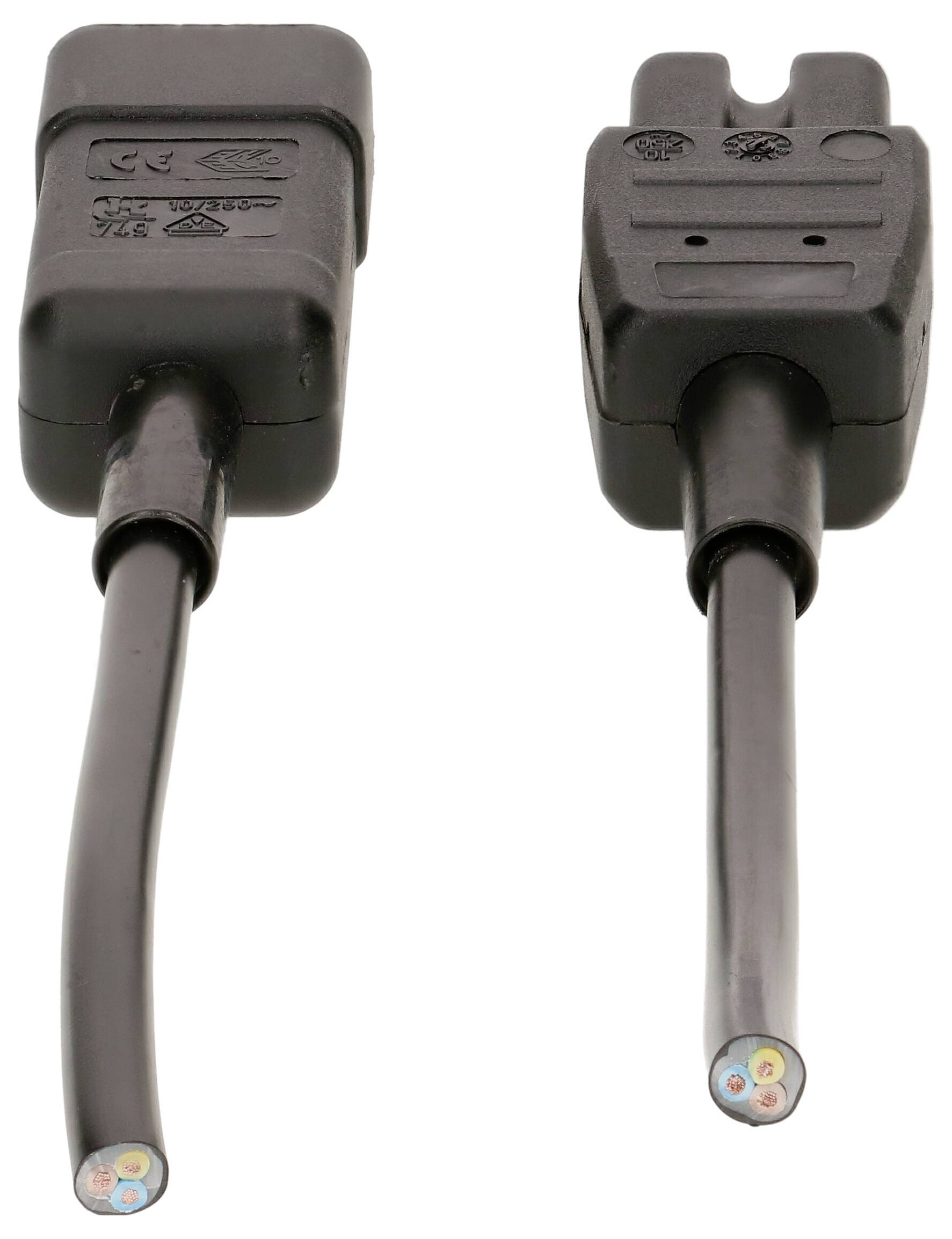 Zwei schwarze Netzkabelstecker mit freiliegenden Drähten, die unterschiedliche Anschlüsse und Aderfarben zeigen.