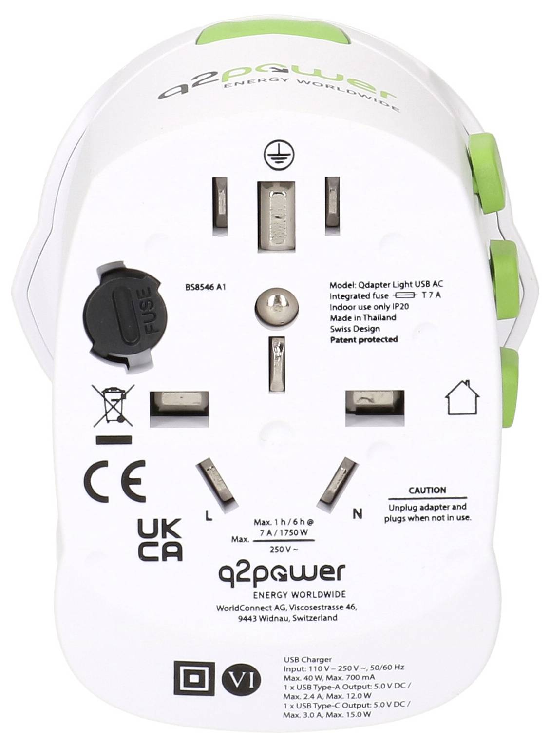 'Universal-Adapter von q2power mit USB-Anschlüssen und Steckdosen für verschiedene Länder. Max. 7A/1750W, Eingangsspannung 100V–250V.'