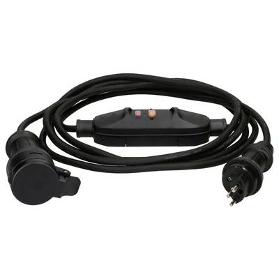 Ein schwarzes Elektrokabel mit zwei Steckern und einem rechteckigen Schalter in der Mitte, geeignet für den Einsatz im Außenbereich.