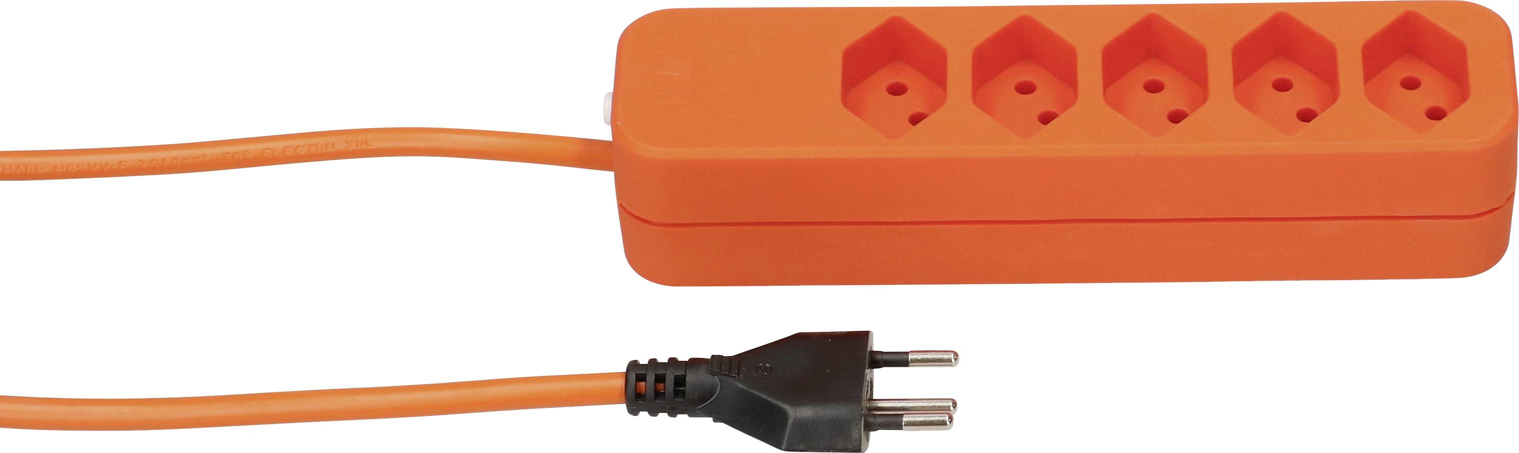 Orange Steckdosenleiste mit fünf Steckplätzen und zugehörigem Kabel.