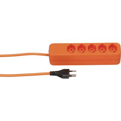 Orange Steckdosenleiste mit fünf Steckplätzen und zugehörigem Kabel.