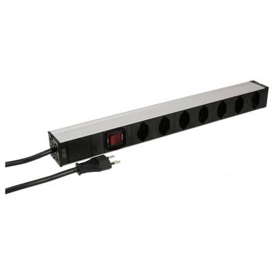 Eine schwarze Mehrfachsteckdosenleiste mit sechs Steckplätzen und einem roten Ein-/Ausschalter. Ein Netzkabel mit Stecker ist angeschlossen.