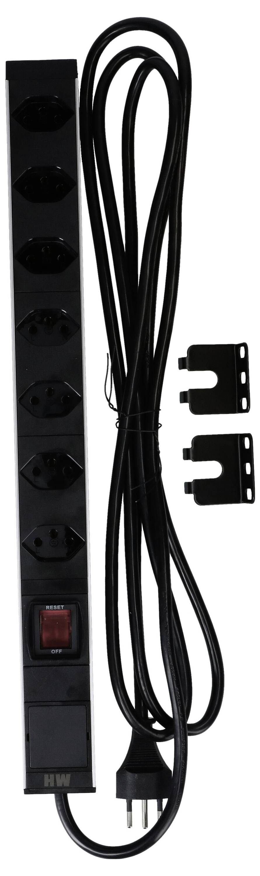Schwarze Steckdosenleiste mit sechs Steckplätzen und einem Ein-/Ausschalter; kommt mit zwei Montagehalterungen und einem langen Kabel.