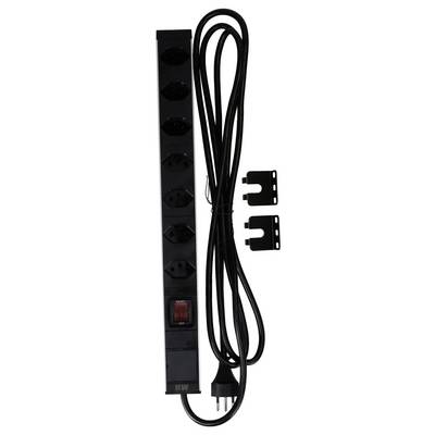 Schwarze Steckdosenleiste mit sechs Steckplätzen und einem Ein-/Ausschalter; kommt mit zwei Montagehalterungen und einem langen Kabel.