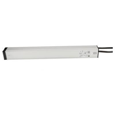 Ein rechteckiges elektronisches Gerät mit technischen Etiketten auf der Oberseite. Zwei Kabel ragen aus den Enden heraus.
