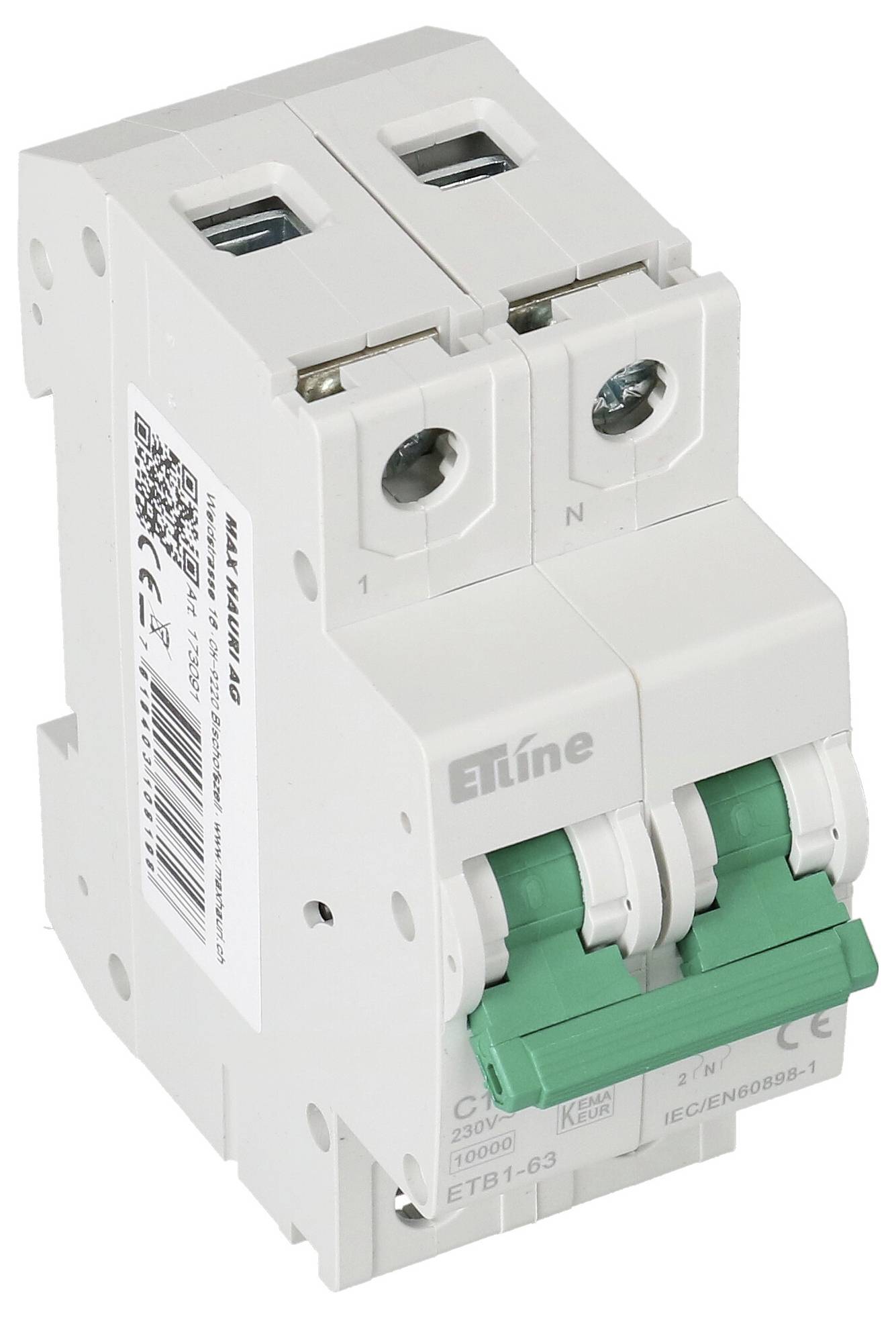Ein weißer zweipoliger Sicherungsautomat mit grünen Schaltern, geeignet für elektrische Sicherungen in Schaltkästen.