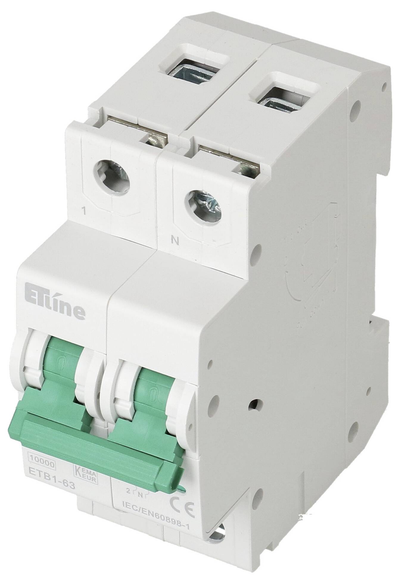 Leitungsschutzschalter der Marke Etine mit grünen Schaltern, Modell ETB1-63, dient zum Schutz elektrischer Stromkreise.