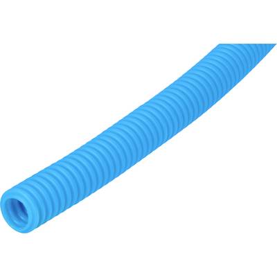 Blauer, geriffelter Kunststoffschlauch, leicht gebogen.