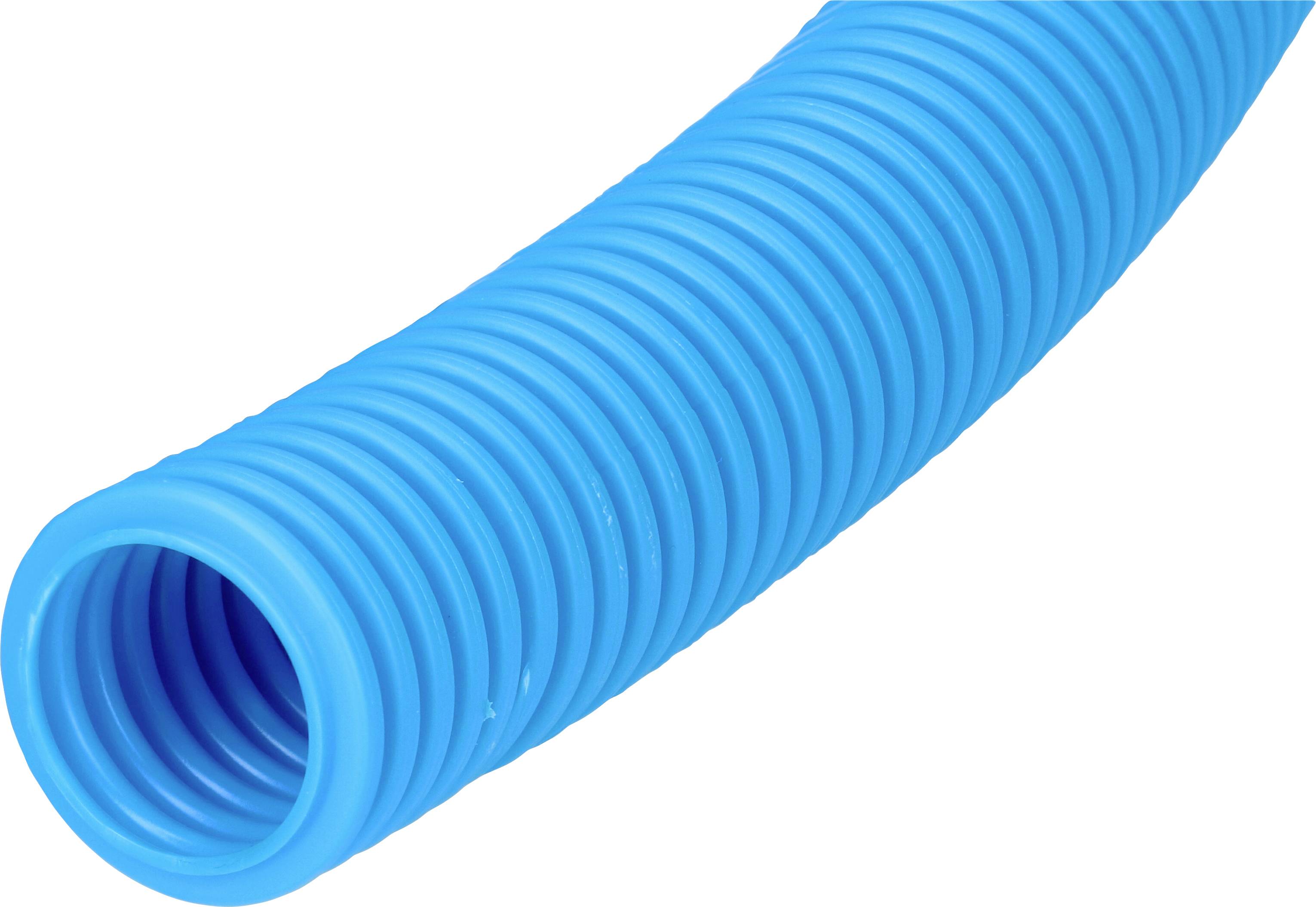 Blauer, flexibler, gerippter Schlauch aus Kunststoff, der vermutlich für Kabel- oder Wasserleitungen verwendet wird.