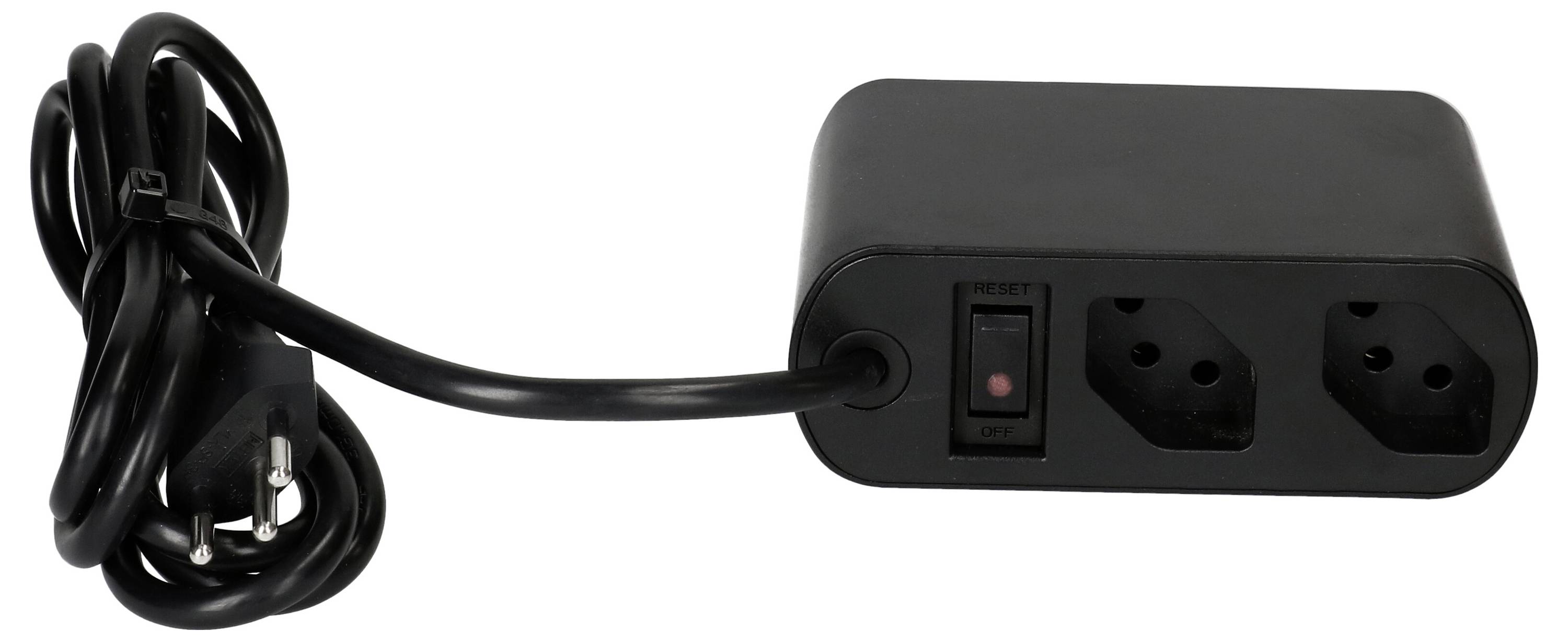 Ein schwarzer Steckdosenadapter mit zwei Steckplätzen und einem Schalter, geeignet für europäische Stecker.