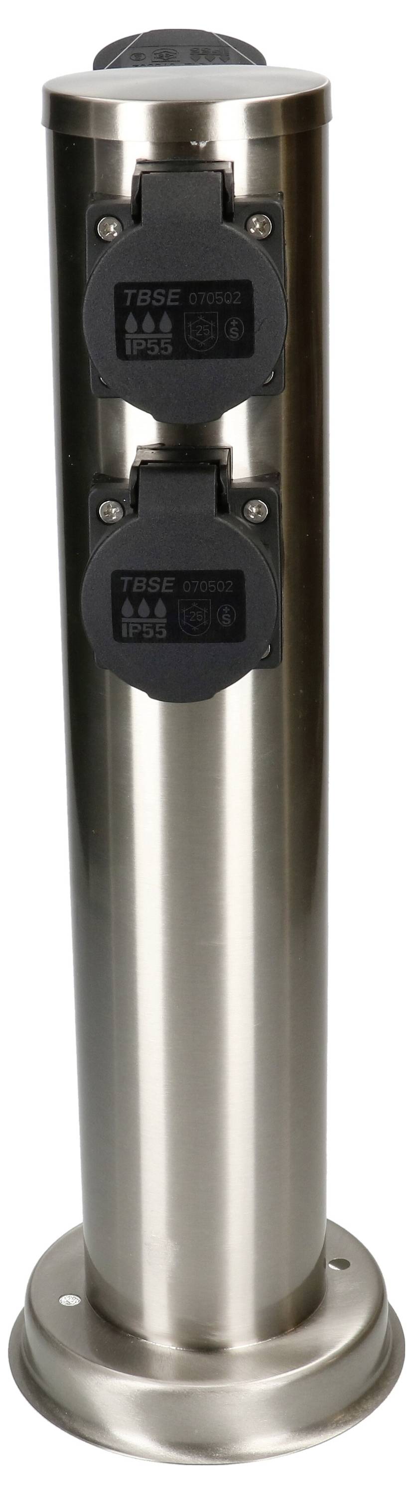 Steckdosensäule aus Edelstahl mit zwei schwarzen 230V-Steckdosen, geeignet für Garten- oder Außenbereich.