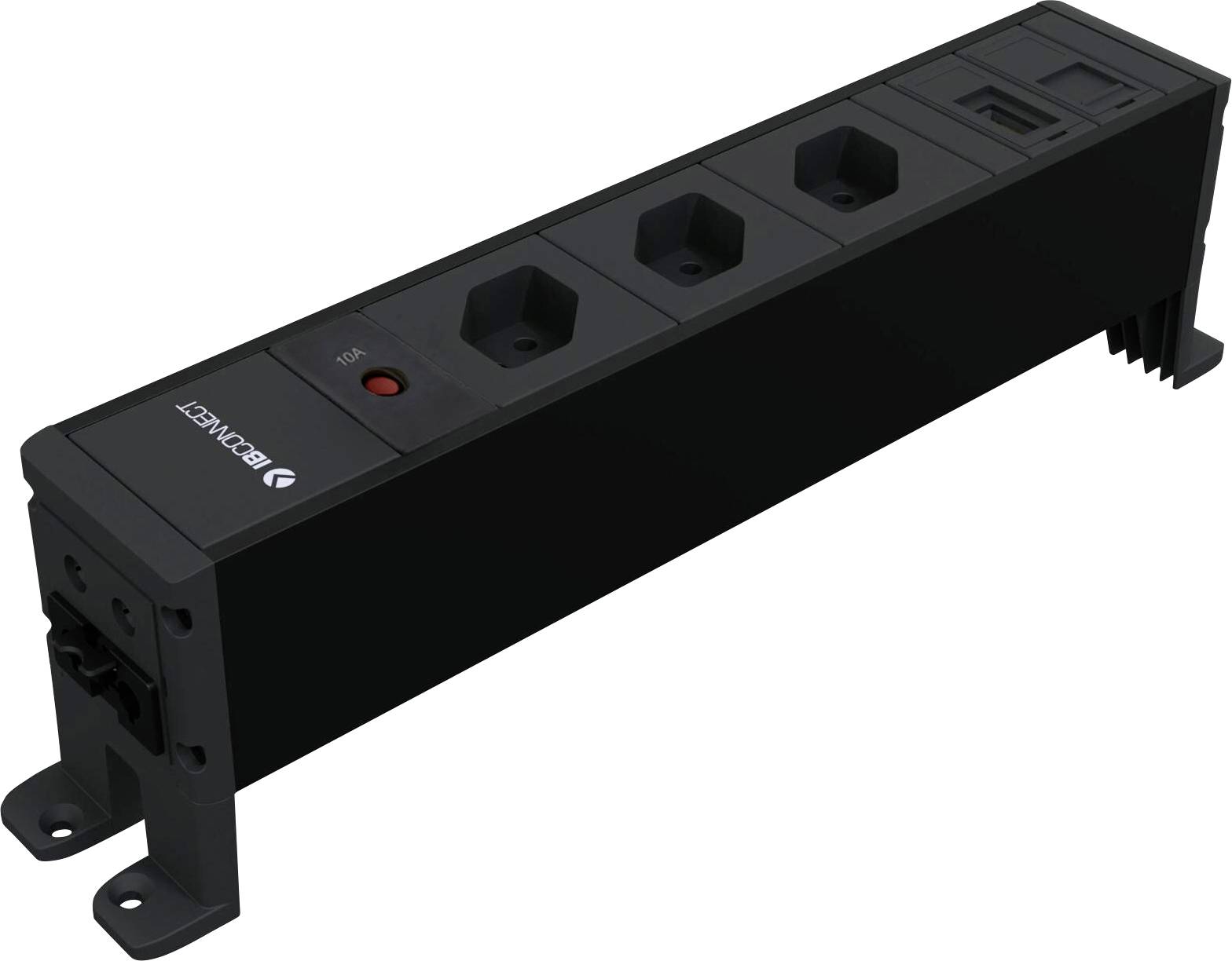 Stromverteilerleiste mit drei Steckdosen, ein USB-Anschluss und einem Schalter, geeignet zur Montage in einem Schrank oder Arbeitsbereich.