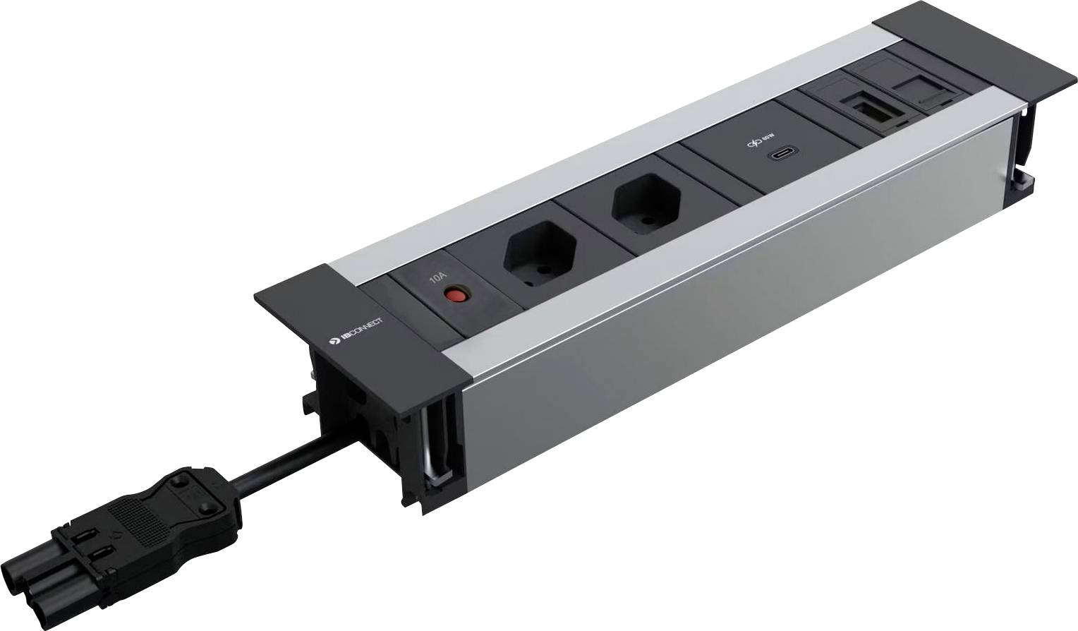 Eine versenkbare Steckdosenleiste mit zwei Steckplätzen und einem USB-Anschluss, eingebaut in einen rechteckigen Aluminiumrahmen.