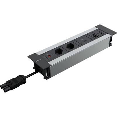 Eine versenkbare Steckdosenleiste mit zwei Steckplätzen und einem USB-Anschluss, eingebaut in einen rechteckigen Aluminiumrahmen.