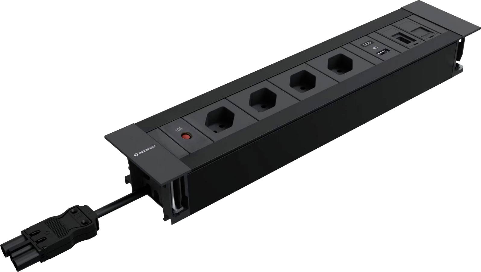 Schwarze Steckdosenleiste mit vier Steckplätzen, USB-Anschlüssen und Kippschalter. An einem Stromkabel angeschlossen.