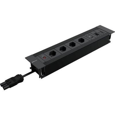 Schwarze Steckdosenleiste mit vier Steckplätzen, USB-Anschlüssen und Kippschalter. An einem Stromkabel angeschlossen.