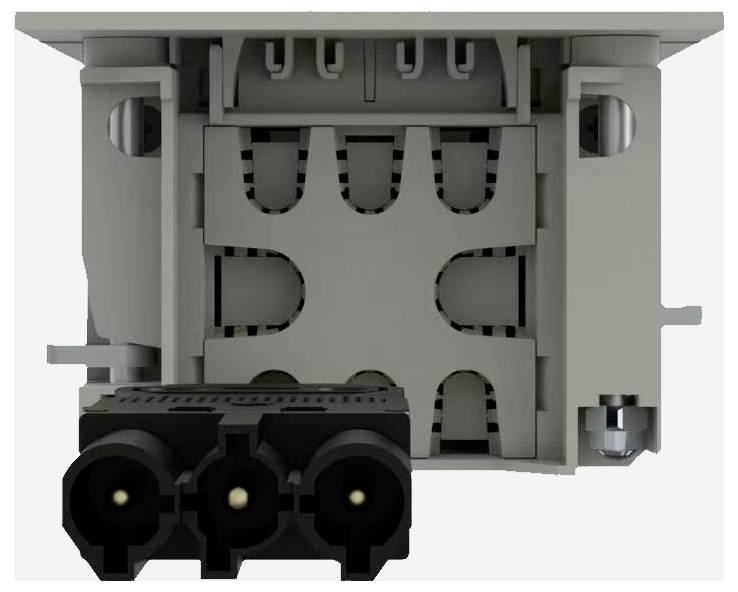 Ein graues elektrisches Modul mit drei schwarzen Steckverbindungen. Es hat ein rechteckiges Design mit mehreren Aussparungen.