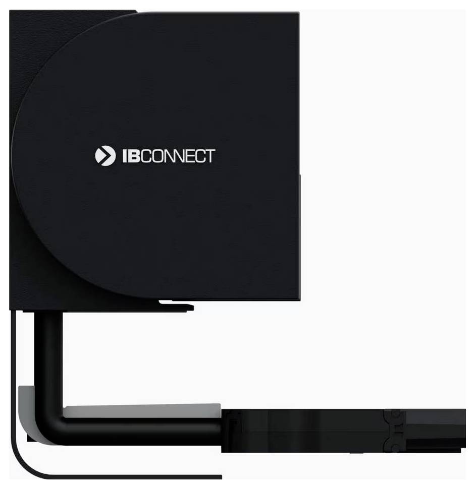 Ein schwarzes Gerät mit der Aufschrift 'IBCONNECT', zeigt eine rechteckige Form und verfügt über ein abgewinkeltes Kabel an der Unterseite.