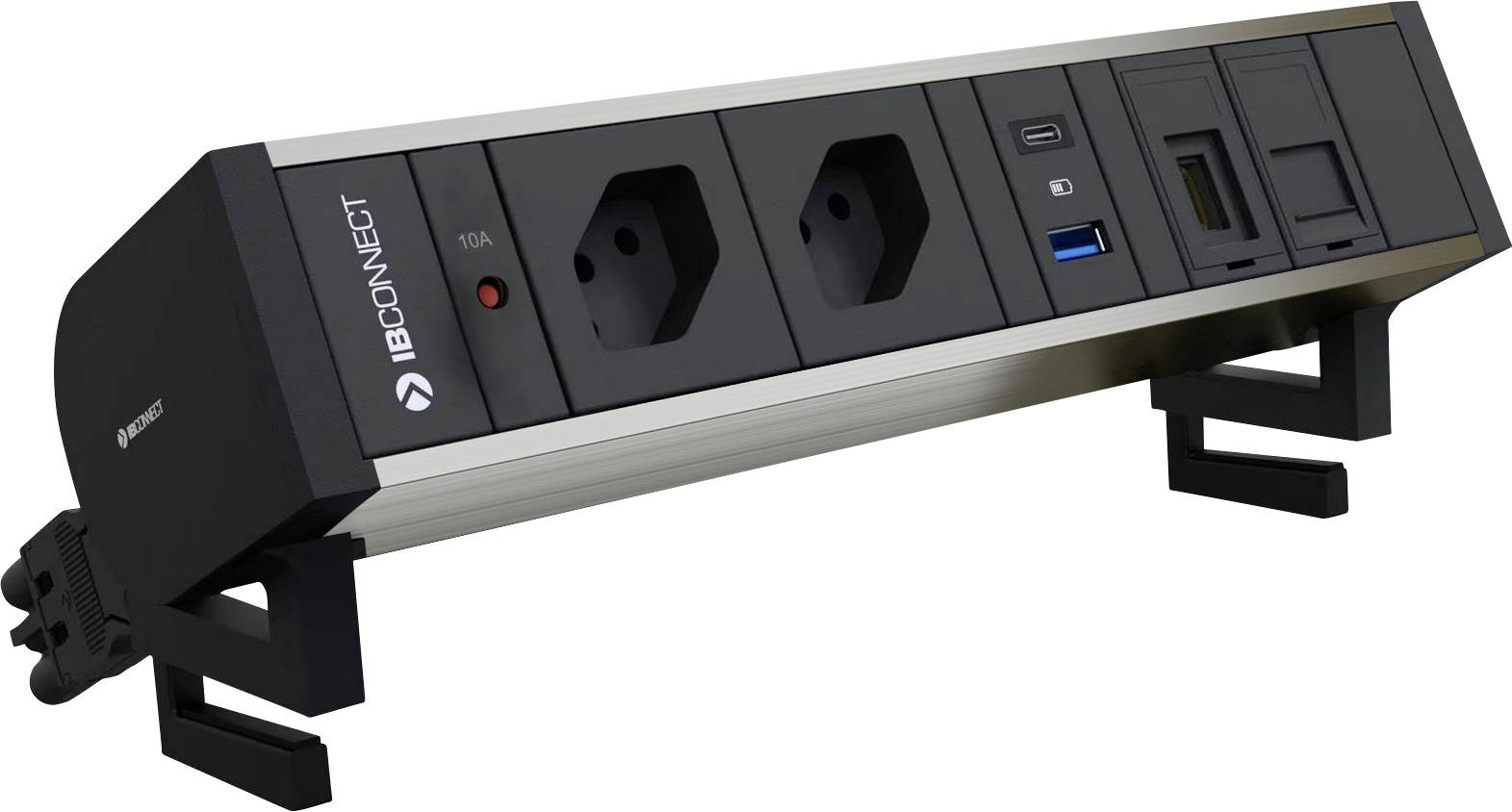 Steckdosenleiste mit zwei Steckplätzen, USB-Anschlüssen und Netzwerkports, montiert auf einem Tisch. Ideal für Büroanwendungen.