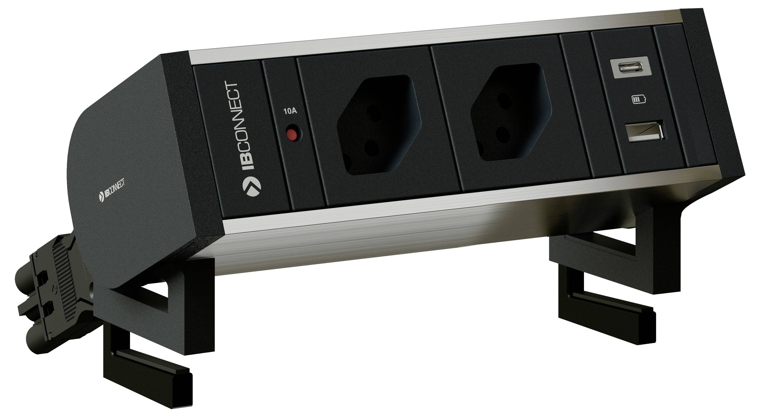 Elektrische Steckdosenleiste mit zwei Steckdosen, zwei USB-Anschlüssen und Schalter, montiert auf einem Tischkabelkanal.