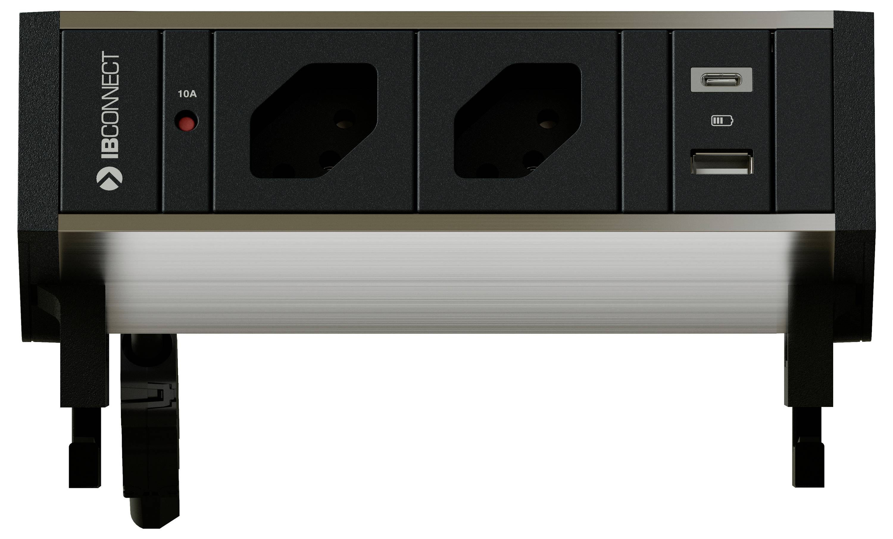 Zwei Steckdosen und USB-Anschlüsse in einer Power-Station von 'IB Connect', geeignet für mehrere Geräte.