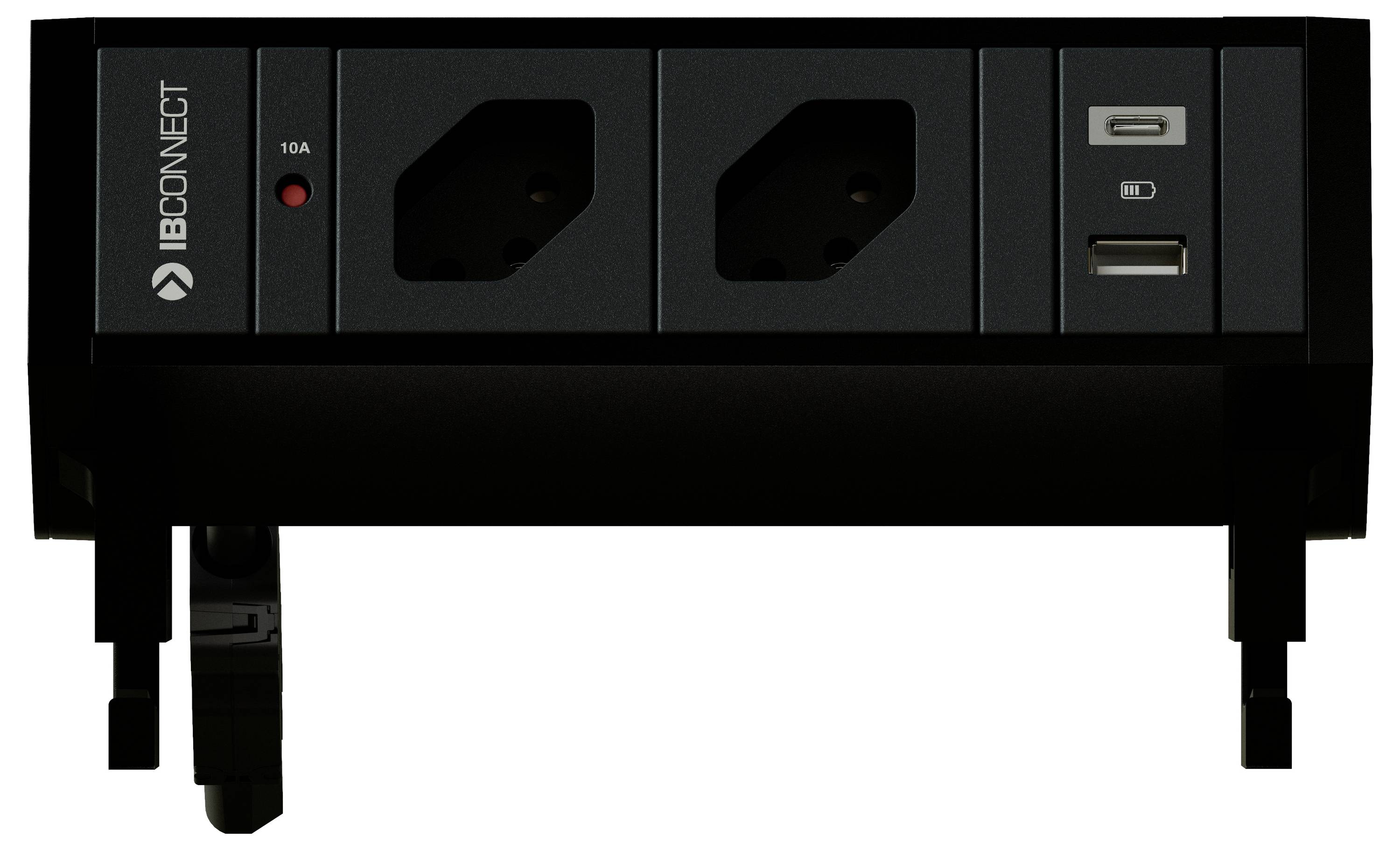 Schwarze Steckdosenleiste mit zwei Steckplätzen, USB-Anschlüssen und SD-Karten-Slot, geeignet zur Montage an Möbel.