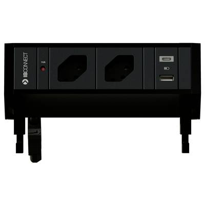 Schwarze Steckdosenleiste mit zwei Steckplätzen, USB-Anschlüssen und SD-Karten-Slot, geeignet zur Montage an Möbel.