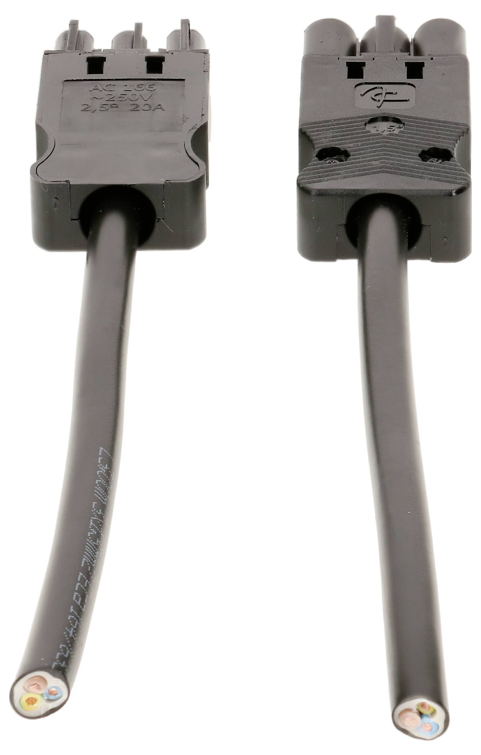 Zwei schwarze Elektrokabel mit speziellen Steckverbindern, die für die Verbindung von elektrischen Geräten verwendet werden.