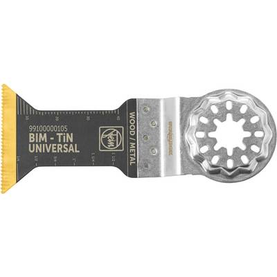 Sägeblatt für Holz und Metall mit der Beschriftung 'BIM - TiN UNIVERSAL'. Es hat ein gezahntes Design und ist schwarz mit orangefarbener Spitze.