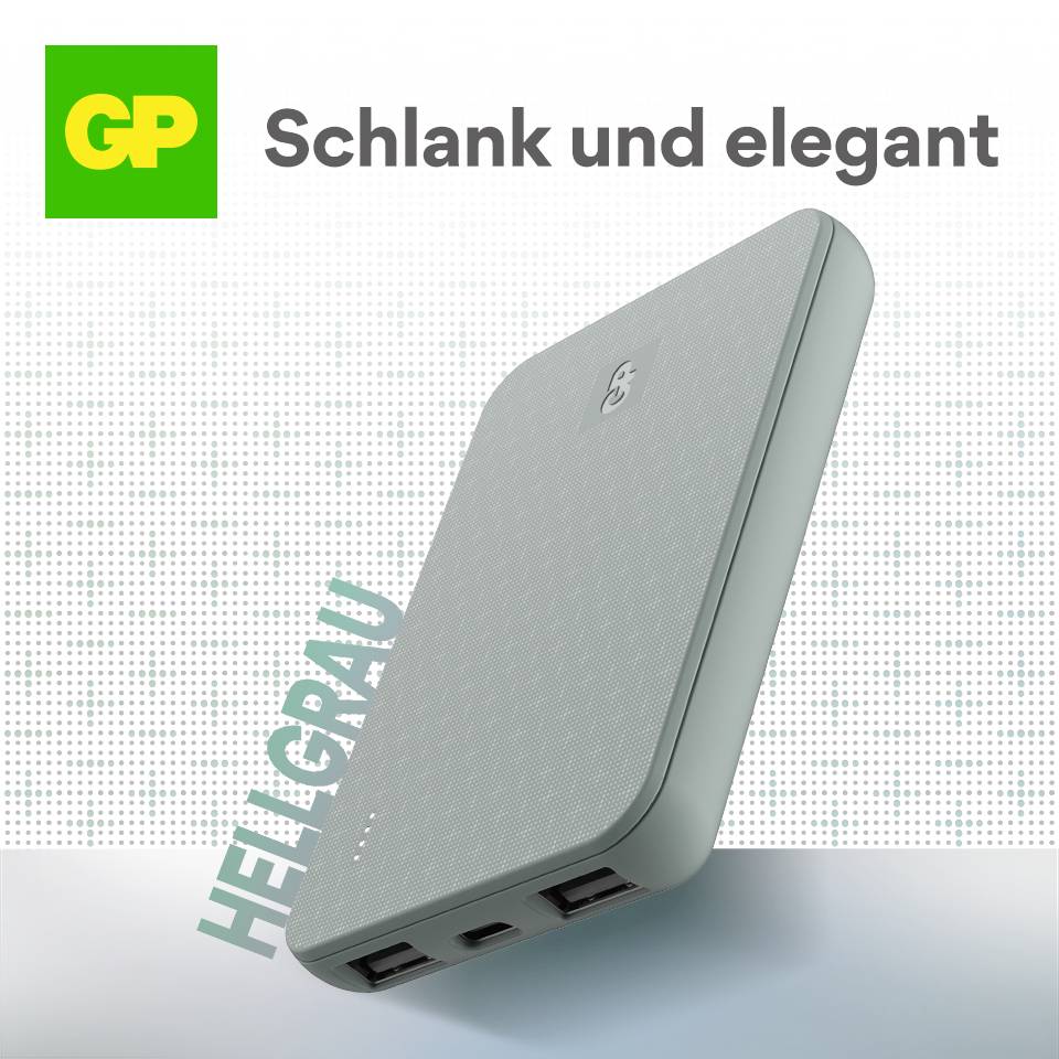 Ein schlankes, elegantes, hellgraues Gerät mit zwei USB-Anschlüssen wird in einer Werbung mit dem Slogan 'Schlank und elegant' gezeigt.