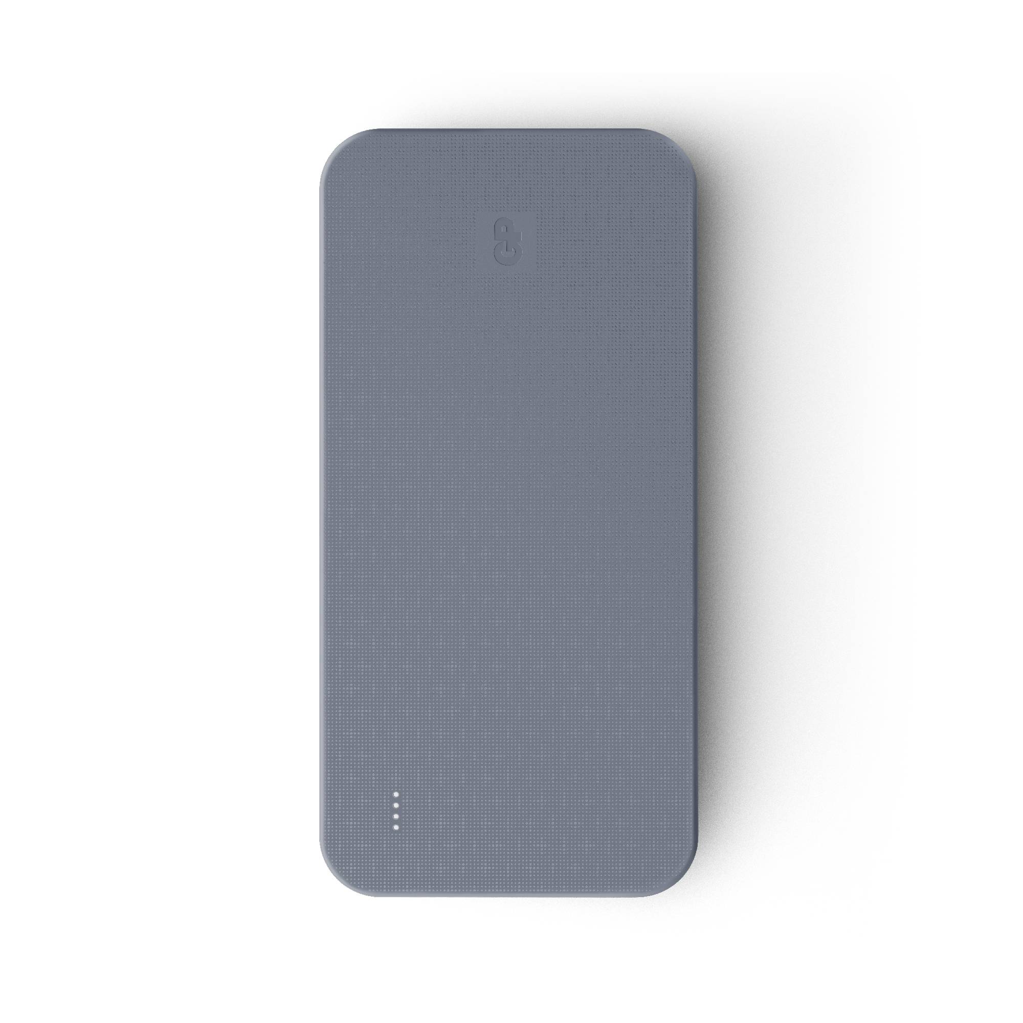 Graue, rechteckige Powerbank mit abgerundeten Ecken und vier LED-Anzeigen auf der Vorderseite.