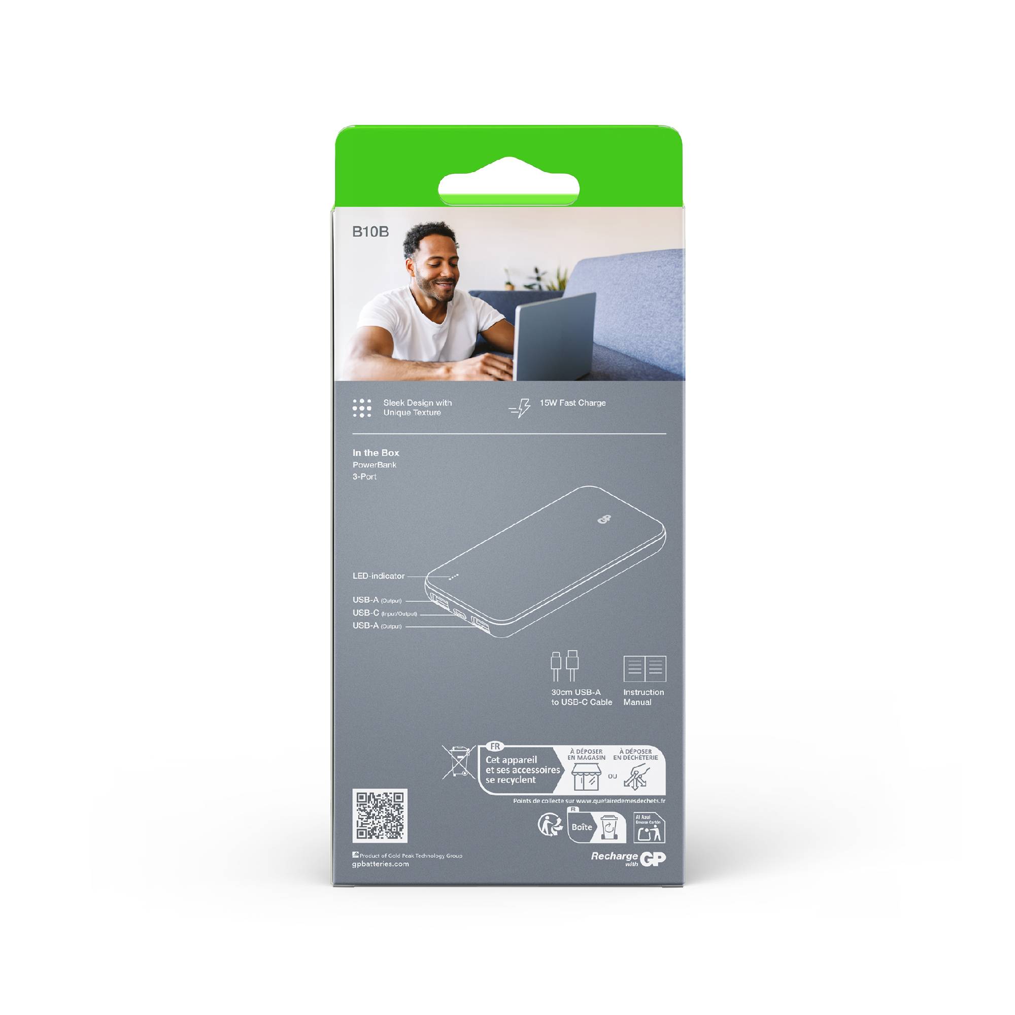 Die Verpackung einer Powerbank zeigt einen Mann mit Laptop. Enthält Angaben zur Powerbank: 10.000mAh, USB-C/USB-A Anschlüsse, LED-Anzeige.