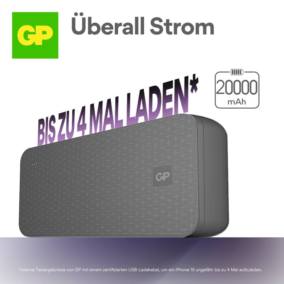 Das Bild zeigt eine GP Powerbank mit 20000 mAh Kapazität. Text besagt 'Überall Strom' und 'Bis zu 4 Mal laden', was ihre Leistung hervorhebt.