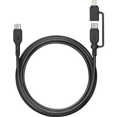 Ein schwarzes USB-C-Kabel mit einem abnehmbaren Lightning-Adapter, geeignet zum Laden und Datentransfer zwischen verschiedenen Geräten.