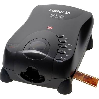 Ein schwarzer Filmscanner mit der Marke 'reflecta' und Modell 'RPS 10S'. Ein Filmstreifen ist teilweise eingeführt.
