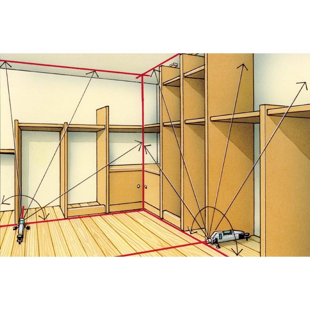 Zeichnung eines Raumes mit Perspektivlinien, die den Fluchtpunkt zeigen. Holzregale und ein Holzboden sind im Raum sichtbar.