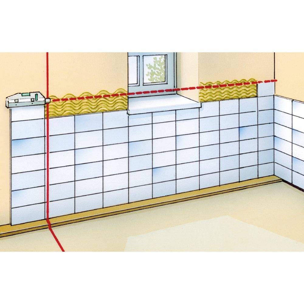 Eine mit Fliesen verkleidete Wand wird ausgerichtet. Ein Laserstrahl markiert eine horizontale Linie für die genaue Verlegung.