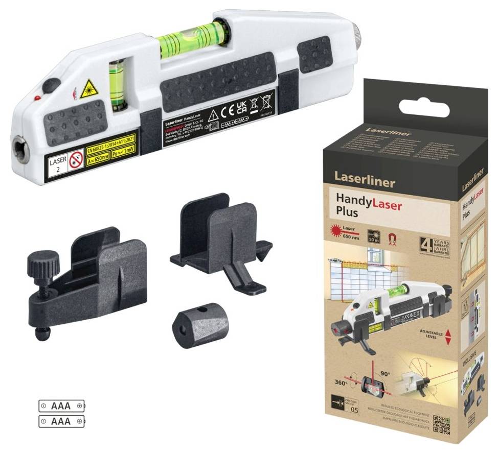 'Laserliner HandyLaser Plus': Ein Laser-Wasserwaage-Set mit Halterungen und Verpackung. Geeignet zum genauen Ausrichten und Messen. Enthält Batterien.