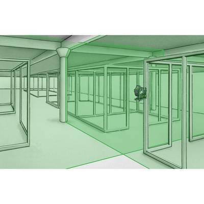 Ein 3D-Lasermessgerät projiziert grüne Linien in einem großen, leeren Raum mit quadratischen Rahmenstrukturen.