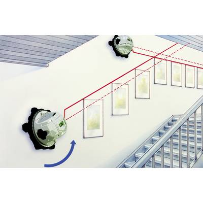 Ein Treppenhaus mit zwei runden Geräten an der Wand, verbunden durch rote Linien. Geräte scheinen Lasermessgeräte zu sein.