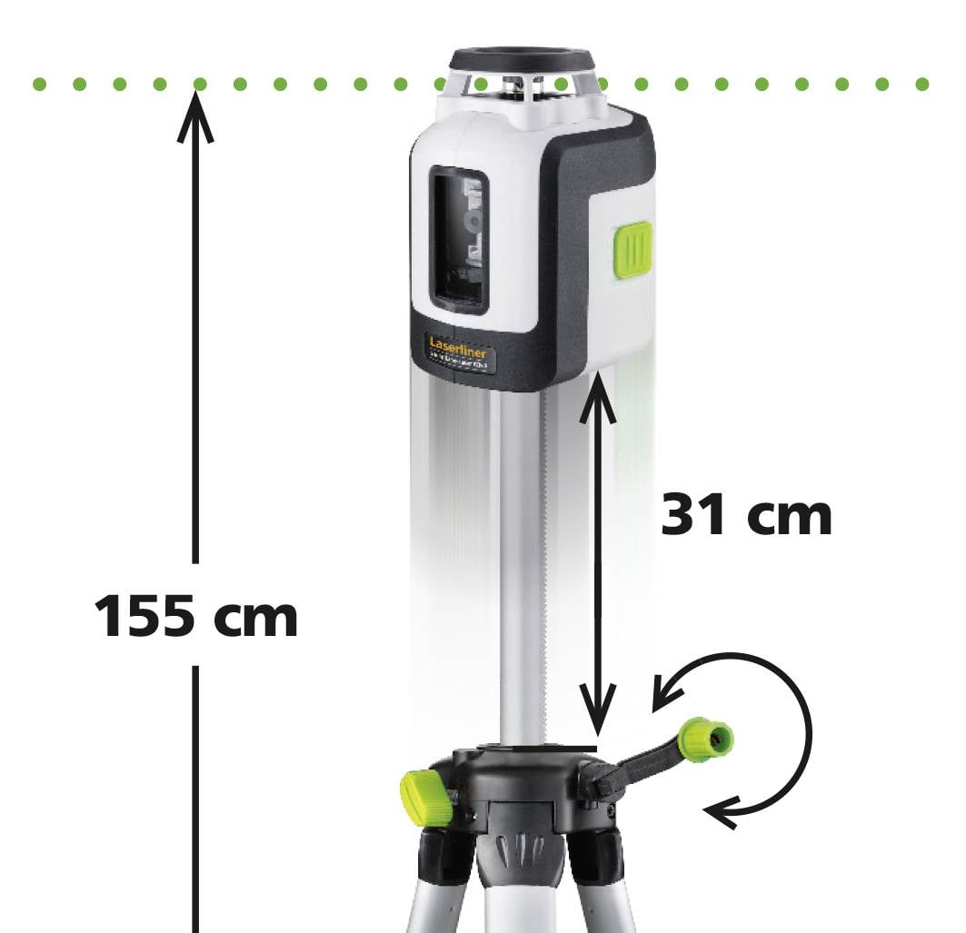 Laser-Messgerät auf einem Stativ, 155 cm in voller Höhe, 31 cm Gerätegröße.