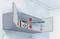Ein Lasermessgerät sitzt in einem geöffneten Wandschrank und misst die Entfernung mit einem nach oben und unten gerichteten Laserstrahl.