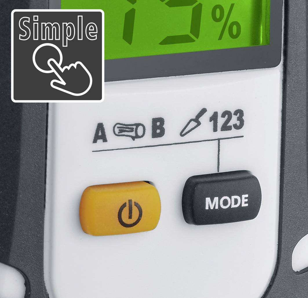 'Bedienfeld eines Geräts mit simplem Startknopf und Modustaste, Markierung A oder B. Hinweis auf einfache Handhabung.'