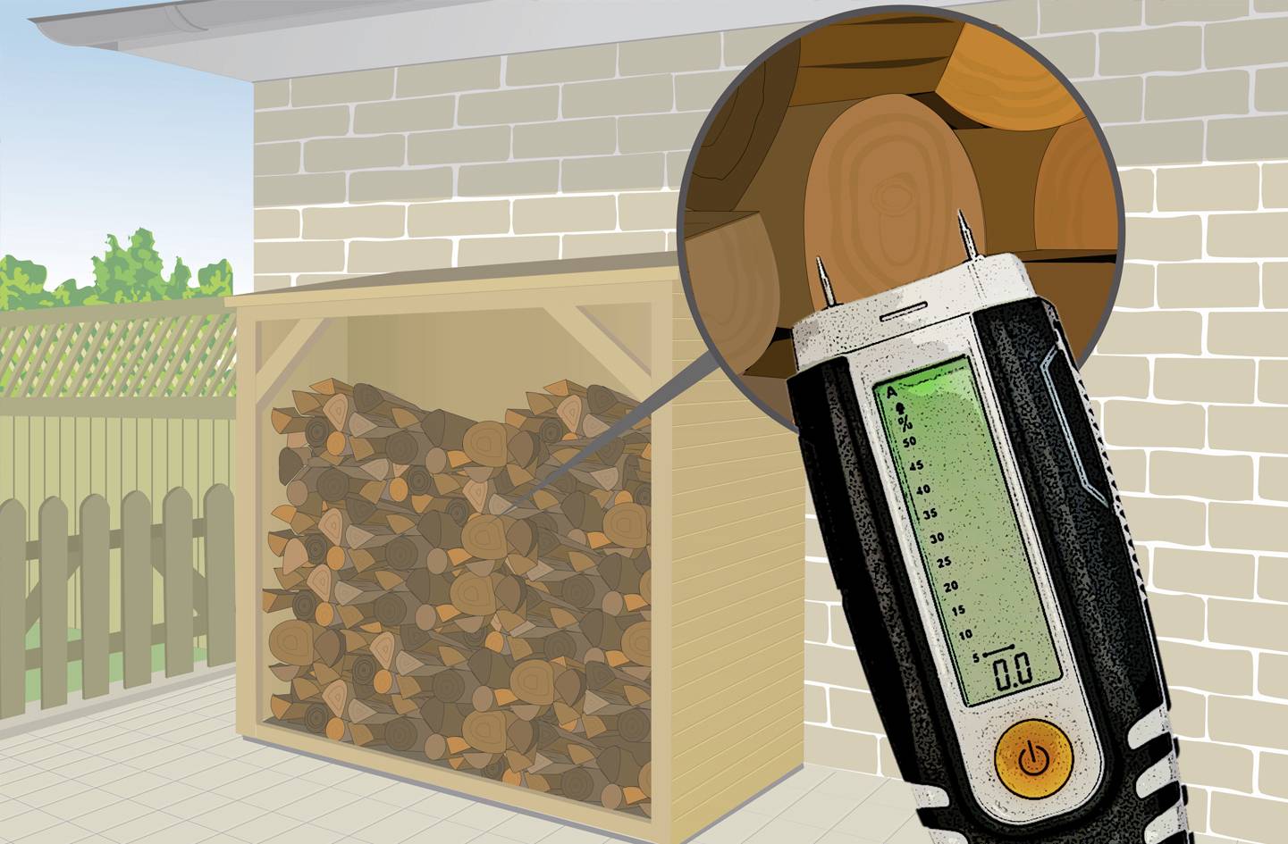 Ein Holzlager im Freien, gefüllt mit Holzscheiten. Ein Feuchtigkeitsmesser zeigt einen Wert von 0,0, um die Trockenheit des Holzes anzuzeigen.
